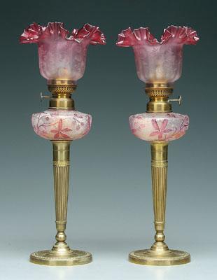 Appraisal: Pair satin glass cut back peg lamps tapered brass bases