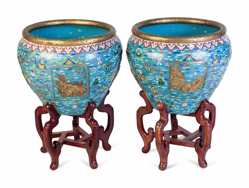 Appraisal: A Pair of Large Chinese Export Cloisonne Fish Bowls and