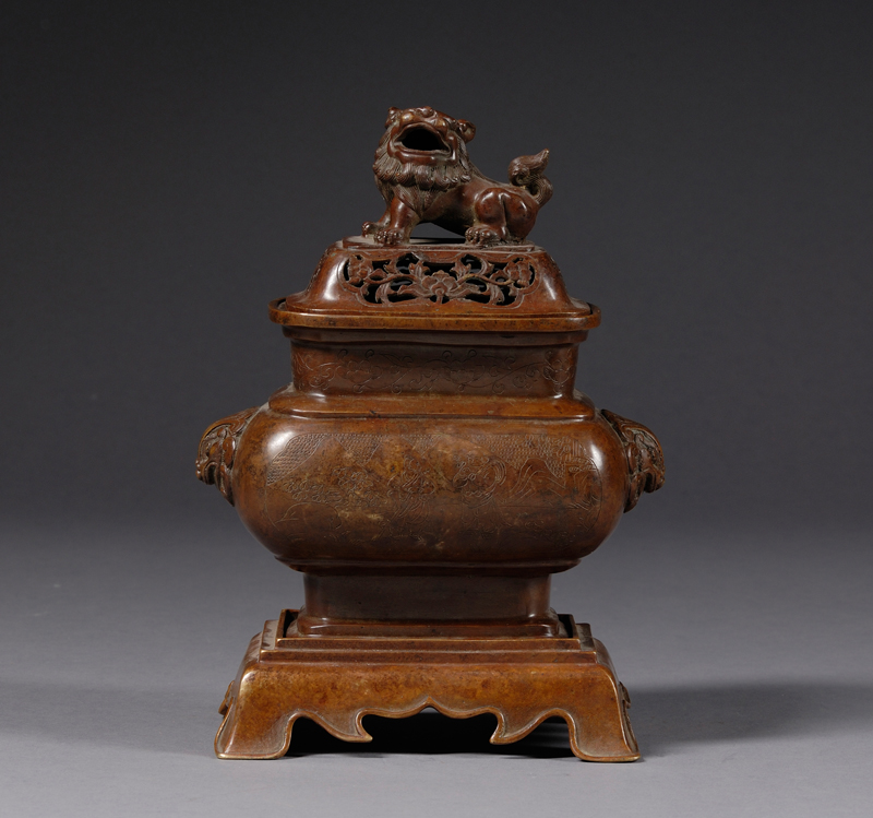 Appraisal: Bronze Censer China late th century foo dog finial engraved