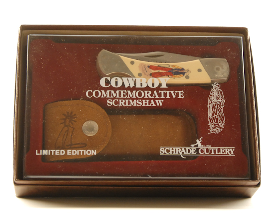 Appraisal: Schrade Cowboy Commemorative Scrimshaw Knife Knives In Series Limited Edition