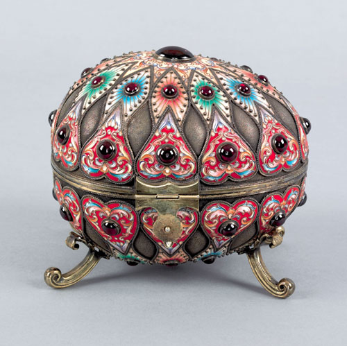 Appraisal: Russian silver enamel and cabochon inlaid egg ca bearing the