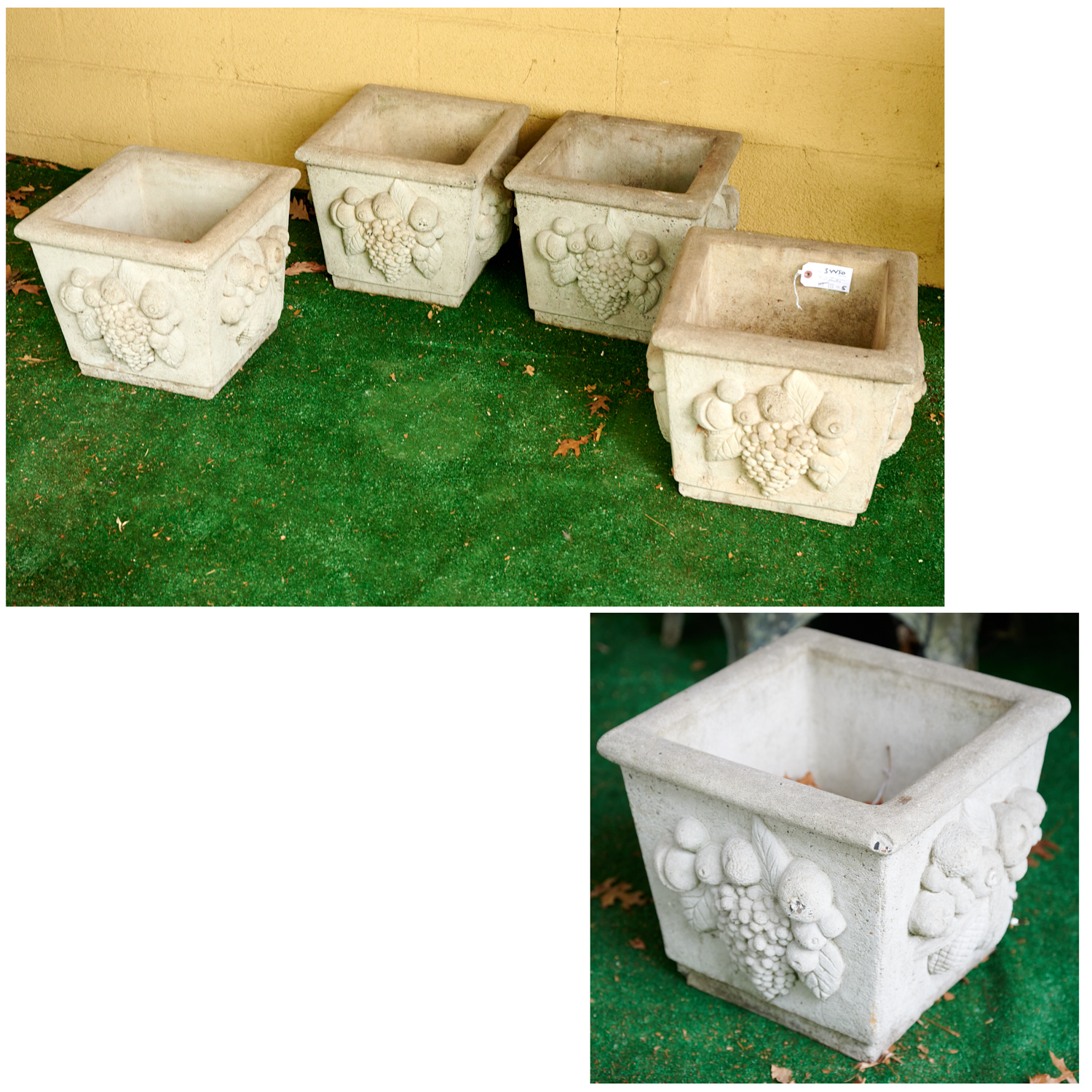 Appraisal: SET CAST STONE GARDEN PLANTERS th c with fruit decoration