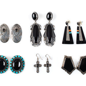 Appraisal: Navajo and Southwestern-style Silver and Jet Earrings second half th