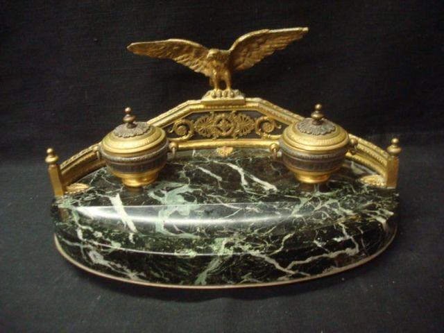 Appraisal: Cuban Gilt Bronze Marble Veined Marble Inkstand Eagle-decorated with double