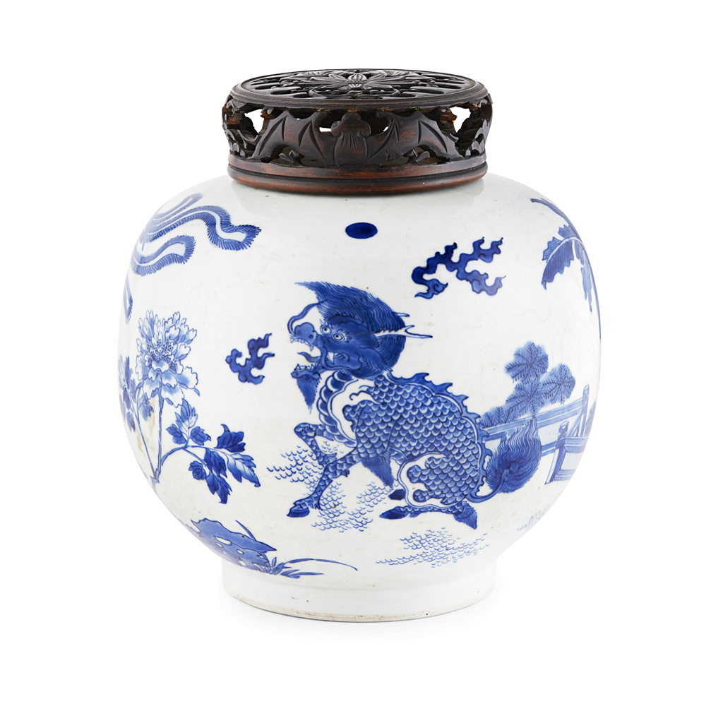 Appraisal: BLUE AND WHITE GINGER JAR AND WOOD COVER KANGXI PERIOD