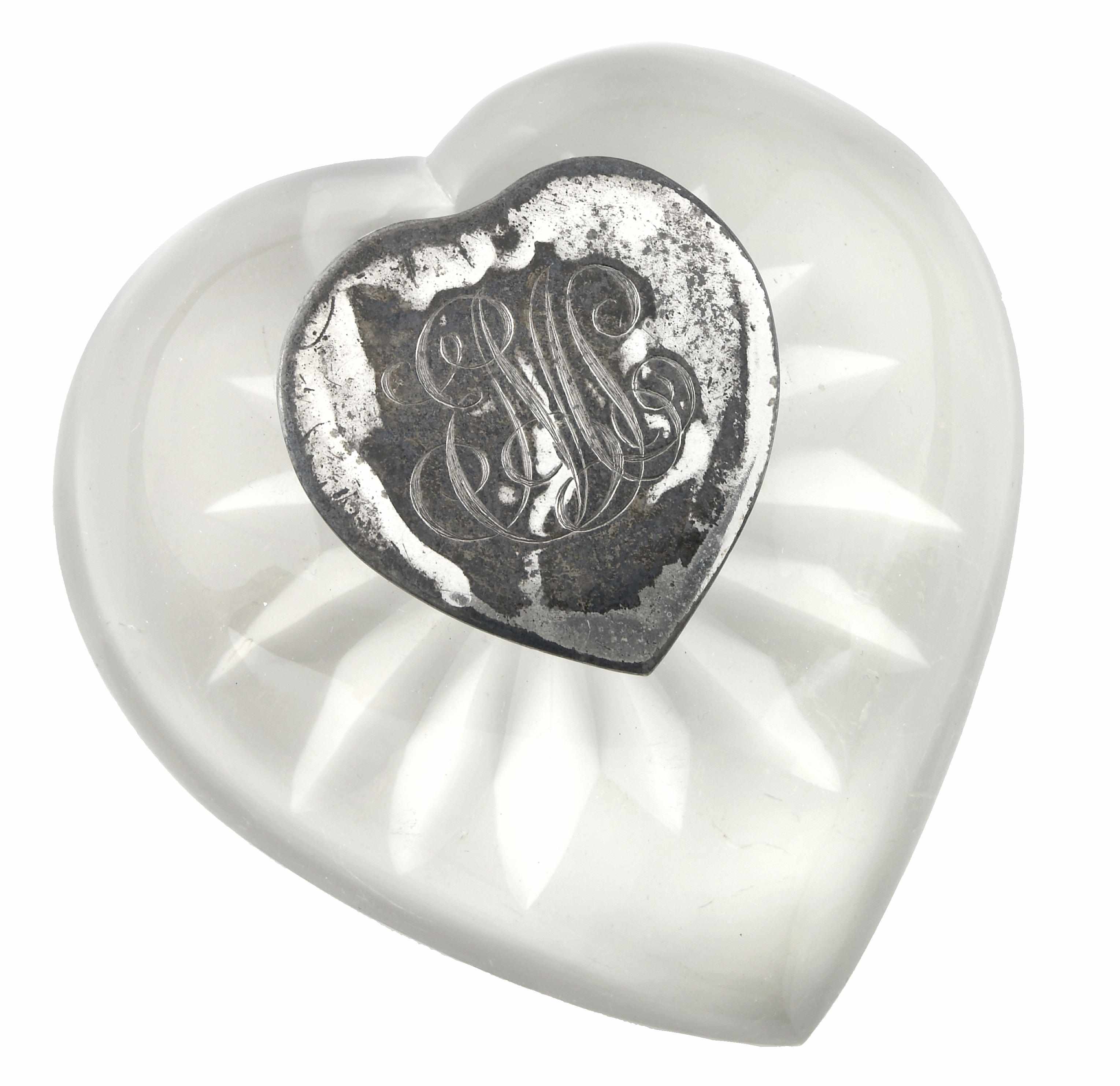 Appraisal: Ethel Merman engraved inkwell A heart-shaped colorless cut glass inkwell