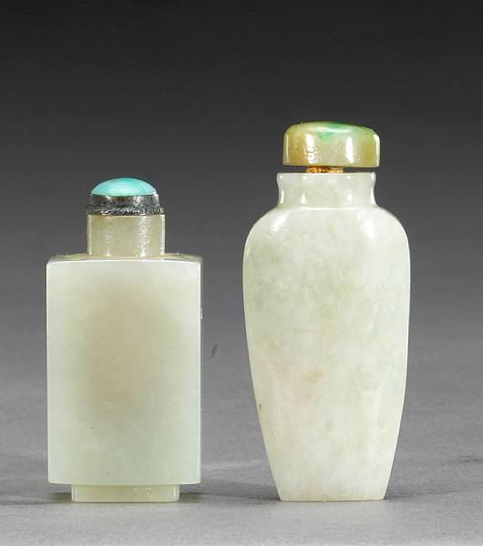 Appraisal: Two jadeite snuff bottles The first of rectangular form and