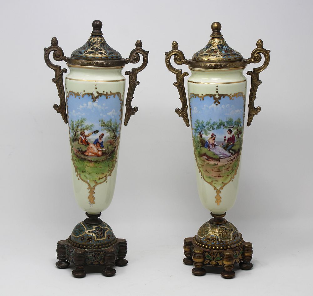 Appraisal: Pair of French Porcelain Champleve Covered Urns Pair of French