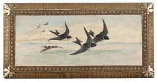 Appraisal: Flying Seabirds Monogrammed Oil on Masonite Likely British School first