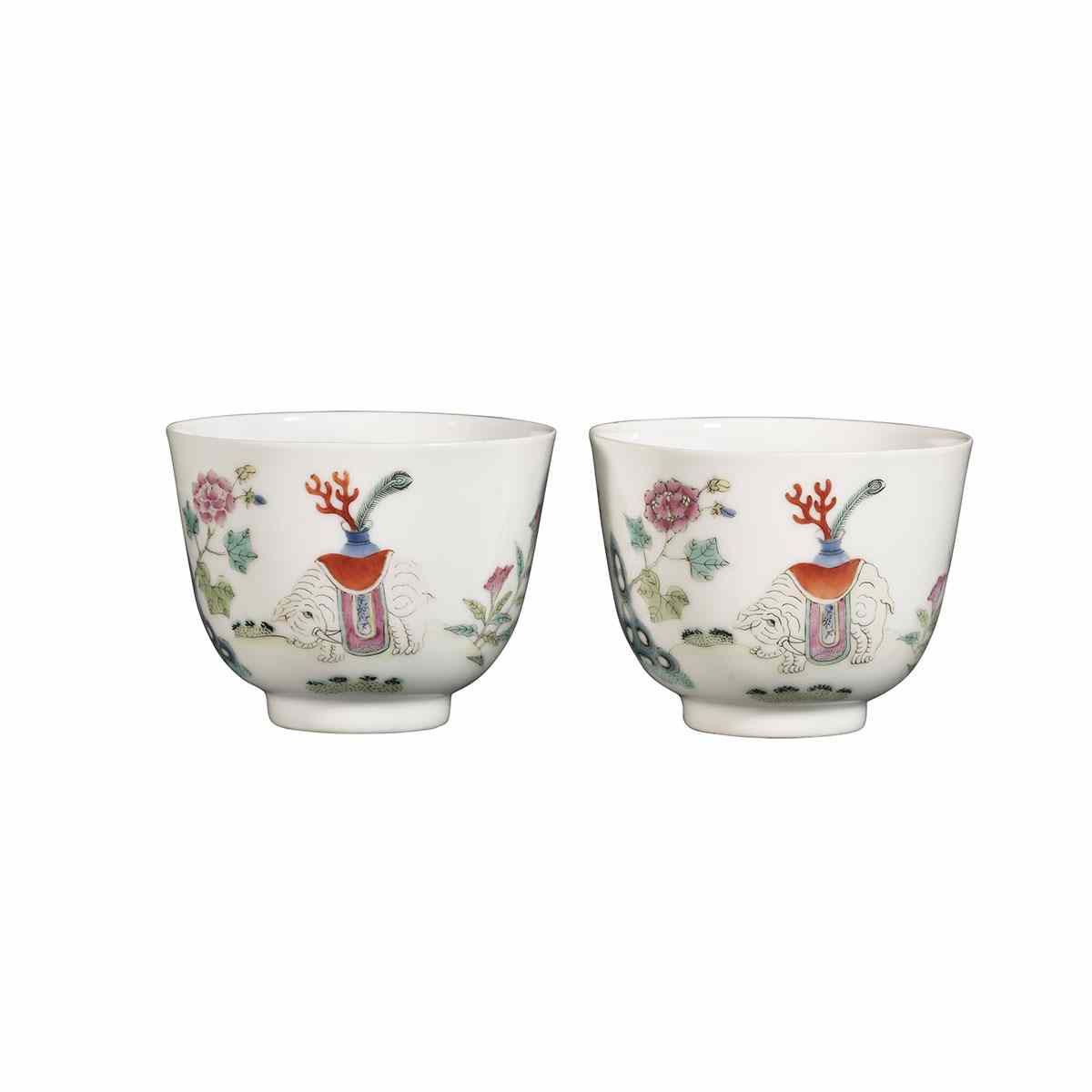 Appraisal: Pair of Famille Rose Elephant T Wine Cups Qianlong Mark