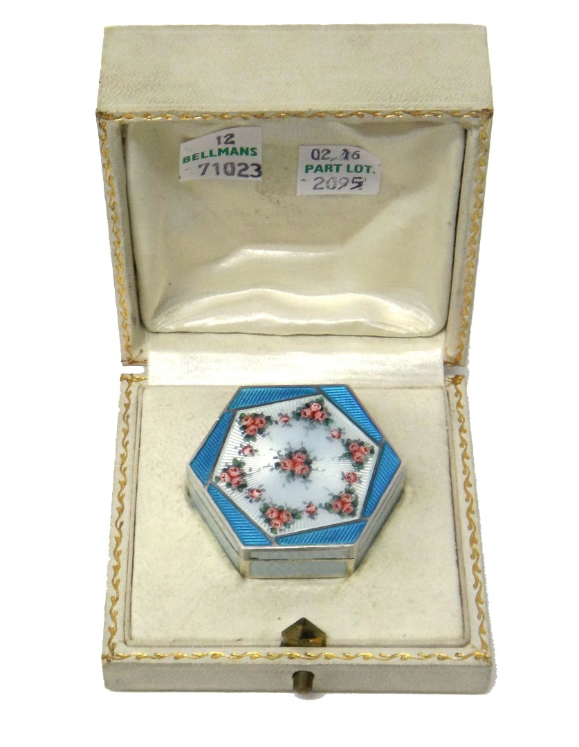 Appraisal: A silver and enamelled hexagonal box and cover European circa