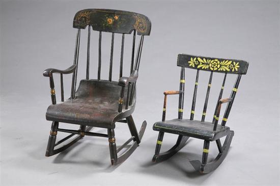 Appraisal: TWO CHILD'S ROCKERS Both painted black with stenciled decoration and