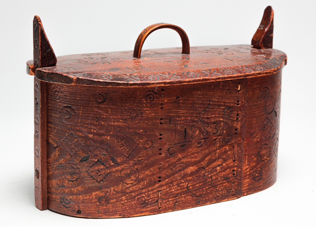 Appraisal: SWEDISH BENTWOOD BOX Dated Bentwood with laced seams bentwood handle