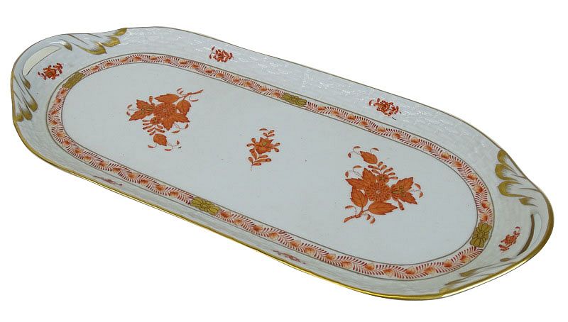 Appraisal: Herend Chinese Bouquet Rust Porcelain Long Tray Herend Chinese Bouquet