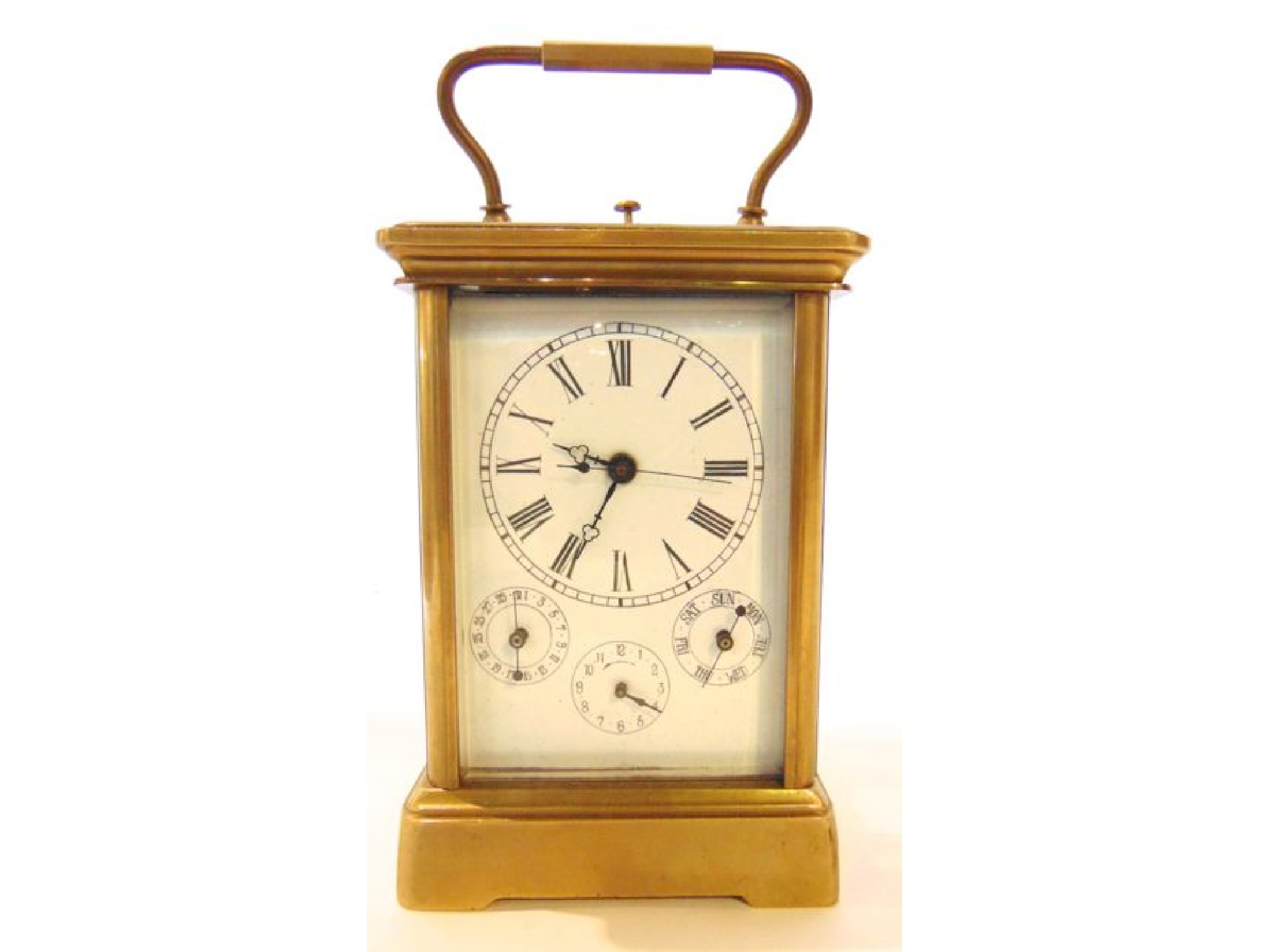 Appraisal: A brass carriage clock the enamel dial with subsidiary calendar