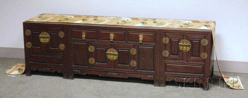 Appraisal: Chinese Export Carved Hardwood Low Cabinet and a Japanese Brocade