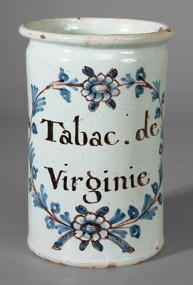 Appraisal: Faience tobacco jar cylindrical marked Tabac de Virginie surrounded by