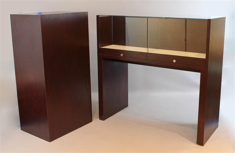 Appraisal: SLEEK CONTEMPORARY GLASS AND MAHOGANY STAINED VENEER TRIPLE DISPLAY CABINET