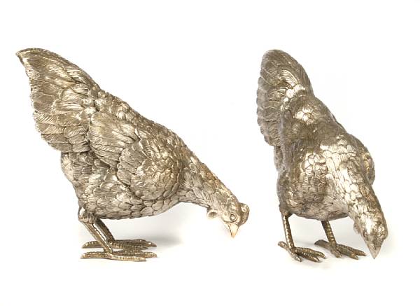 Appraisal: A pair of silvered bronze hens height in width in