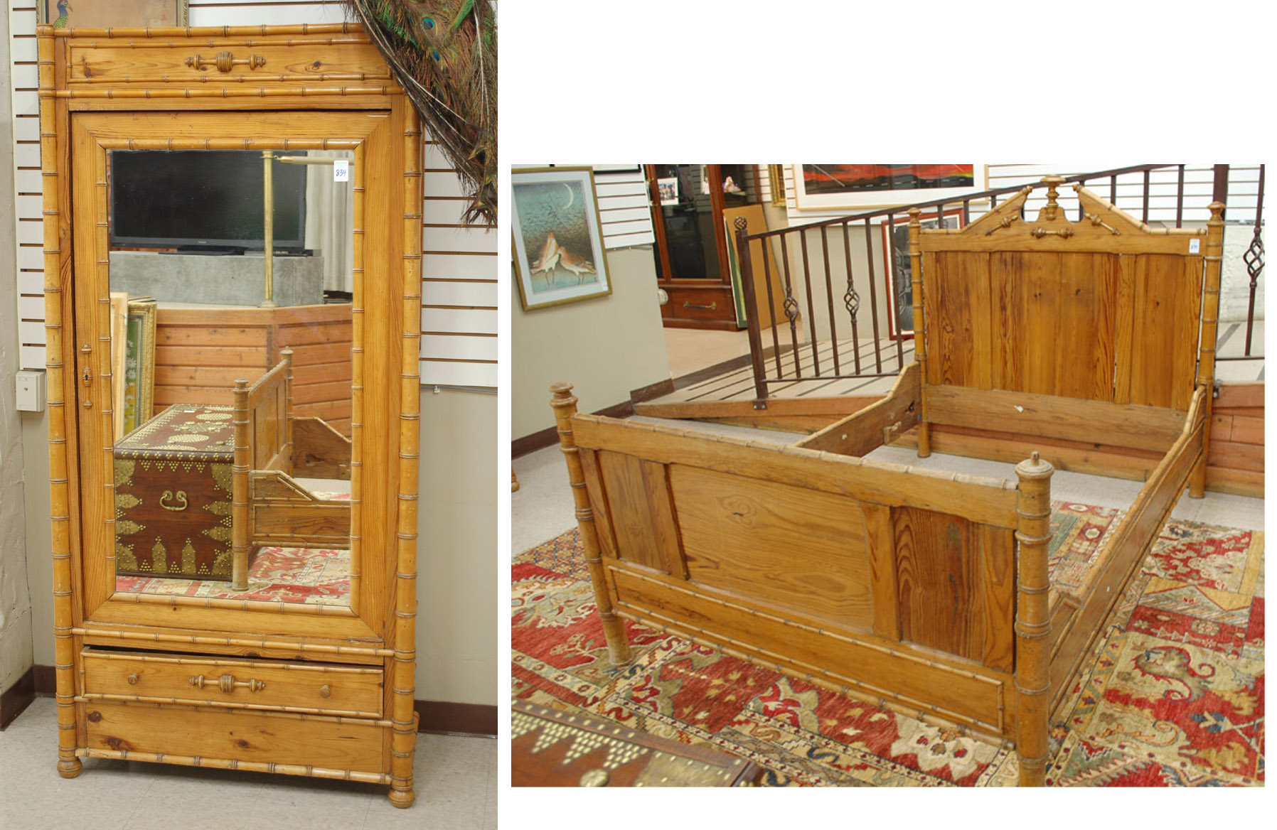 Appraisal: PINE AND FAUX BAMBOO WARDROBE AND MATCHING BED Continental late