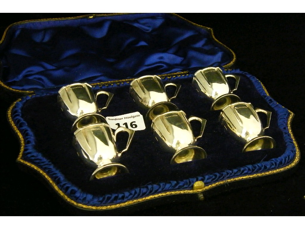 Appraisal: Cased set of six Edwardian miniature pedestal mugs each high