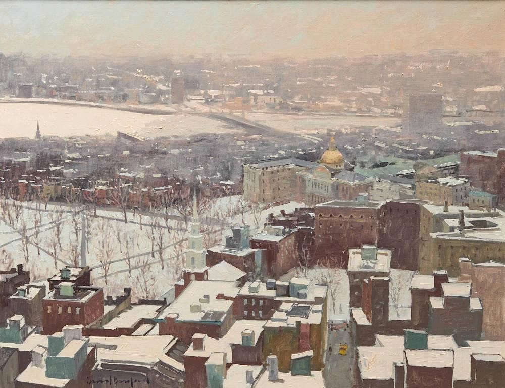 Appraisal: DAVID BAREFORD American b Snowy Rooftops Boston oil on canvas