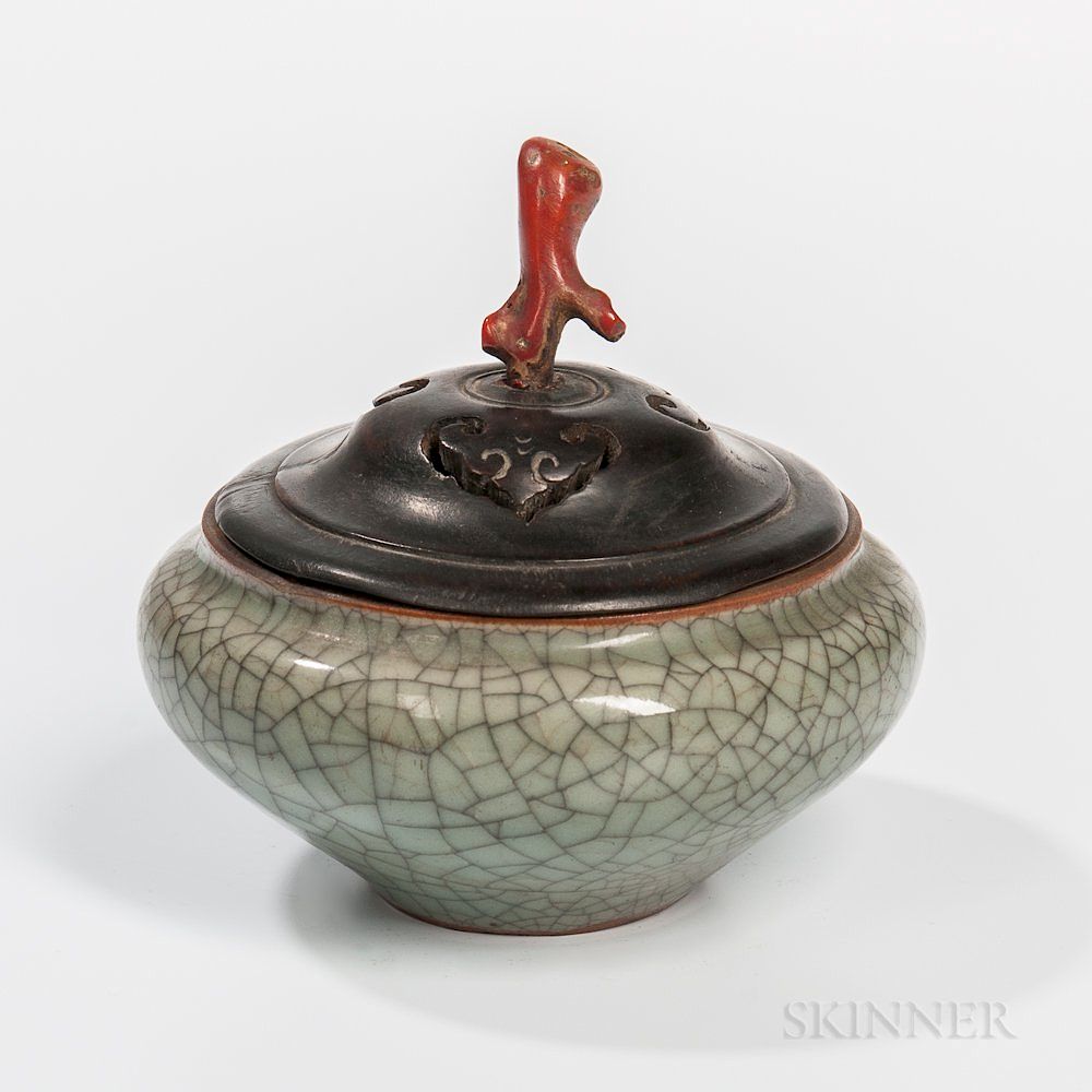 Appraisal: Crackled Celadon Stoneware Censer and Wood Cover Crackled Celadon Stoneware