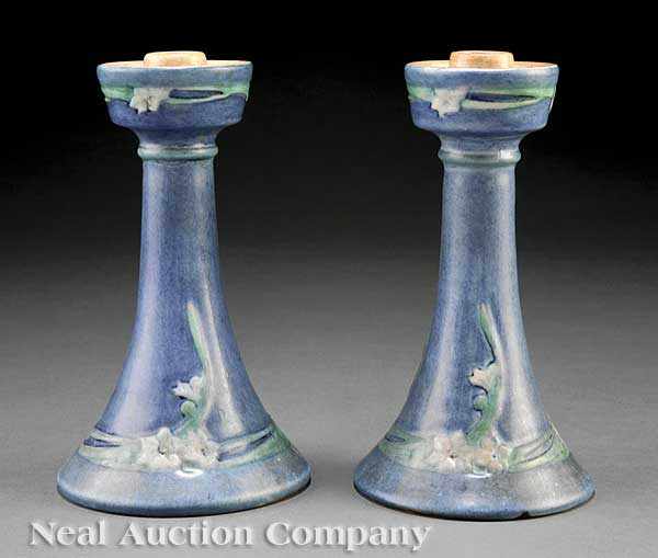 Appraisal: A Pair of Newcomb College Art Pottery Matte Glaze Candlesticks