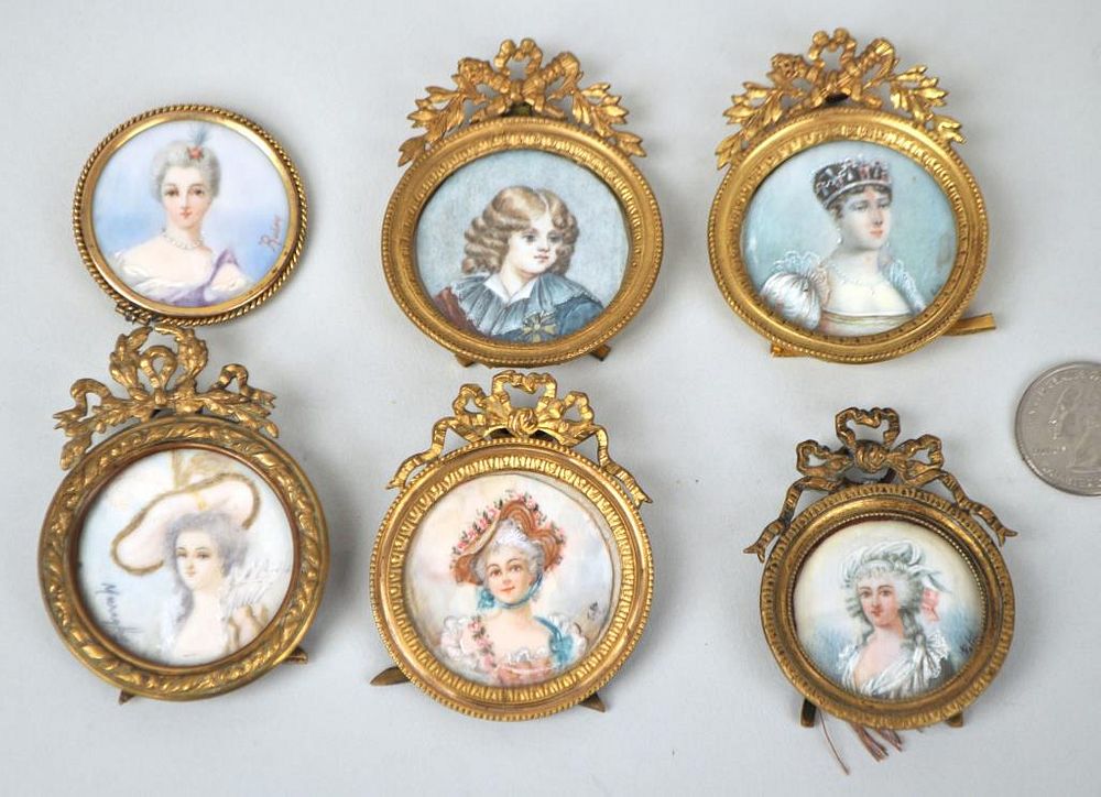 Appraisal: Group Six Portrait Miniatures Various Frames mainly French aristocratic women