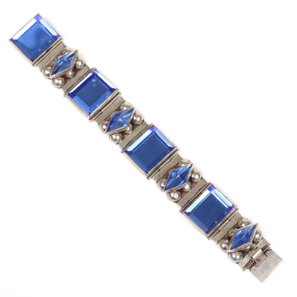 Appraisal: VINTAGE MEXICAN ALPACA PANEL BRACELET WITH HUGE FACETED BLUE RECTANGULAR