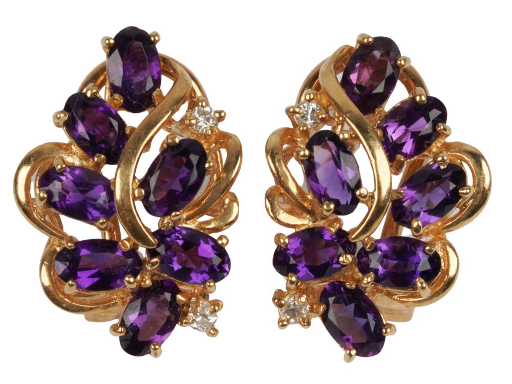 Appraisal: KARAT YELLOW GOLD DIAMOND AMETHYST EARRINGScontaining oval mixed cut amethysts