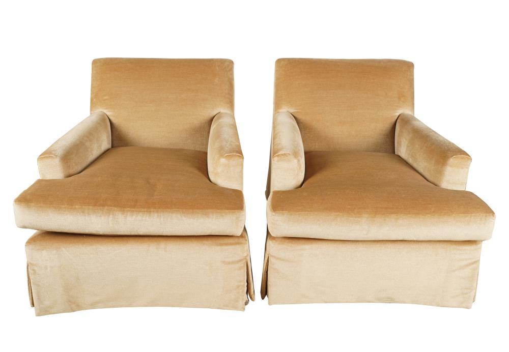 Appraisal: PAIR OF FULLY UPHOLSTERED CLUB CHAIRSmanufacturer unknown covered with gold-colored