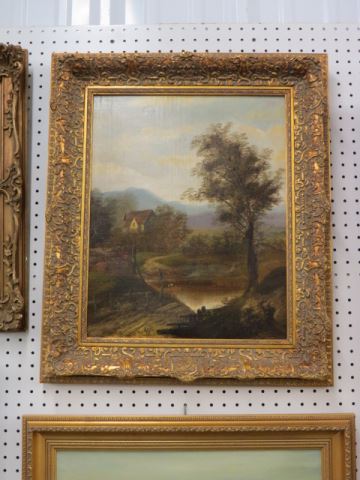 Appraisal: C Moriss oil landscape with farm lady feeding dukes at