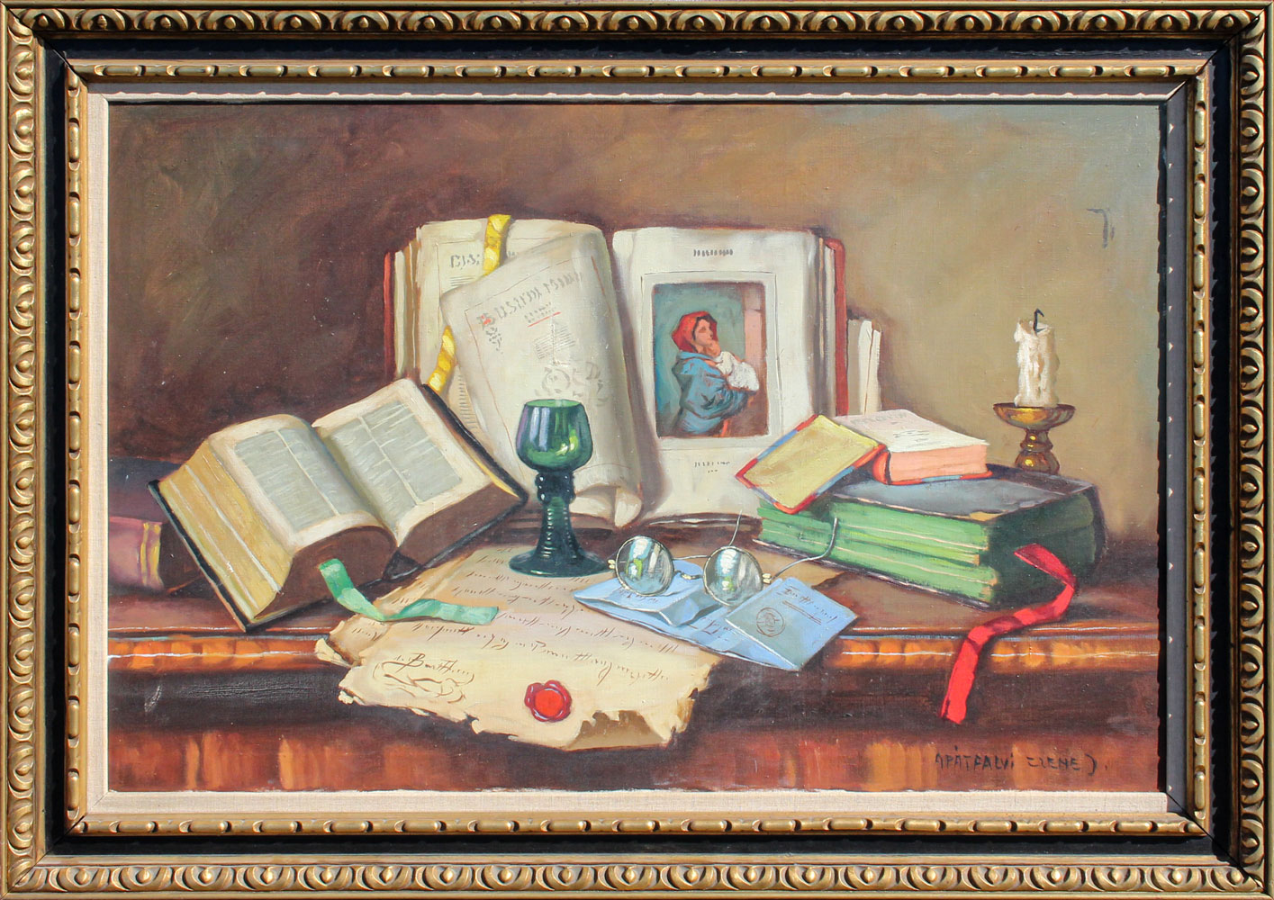 Appraisal: APATFALVI Czene Hungary - Tabletop Still Life with Books Candle