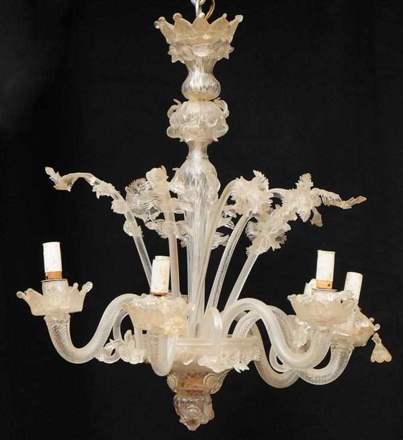 Appraisal: VENETIAN GLASS SIX-LIGHT CHANDELIER The quilted support with prunt and