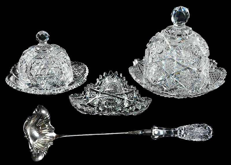 Appraisal: Six Brilliant Period Cut Glass Table Objects punch ladle silver