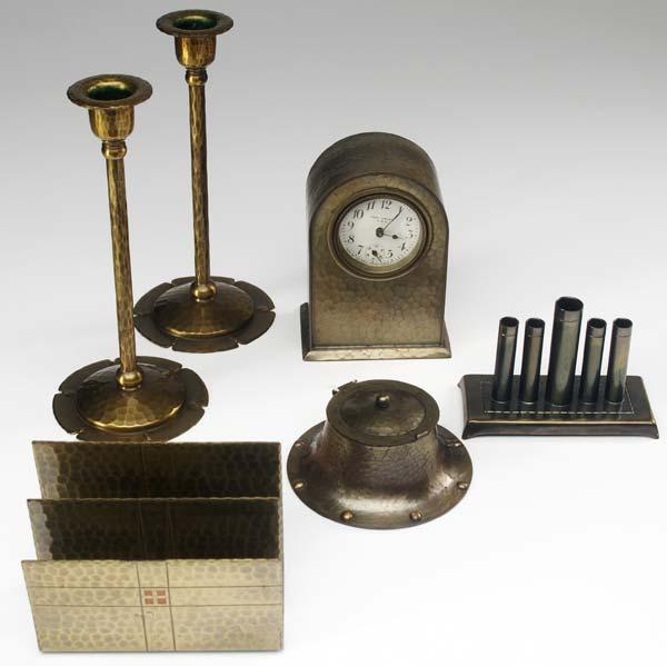 Appraisal: ROYCROFT Six desk pieces of brass-washed wrought copper desk clock