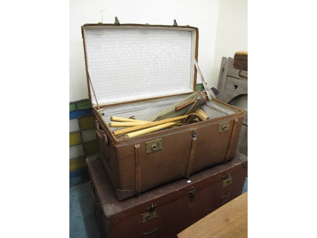 Appraisal: Two travel trunks containing croquet set golf clubs bowling balls