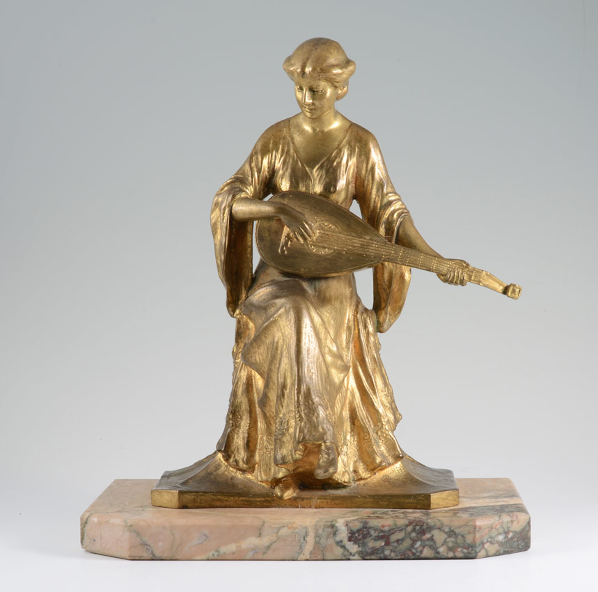 Appraisal: BRONZE MANDOLIN PLAYER SIGNED ARGENTOR-WIEN '' h affixed to marble