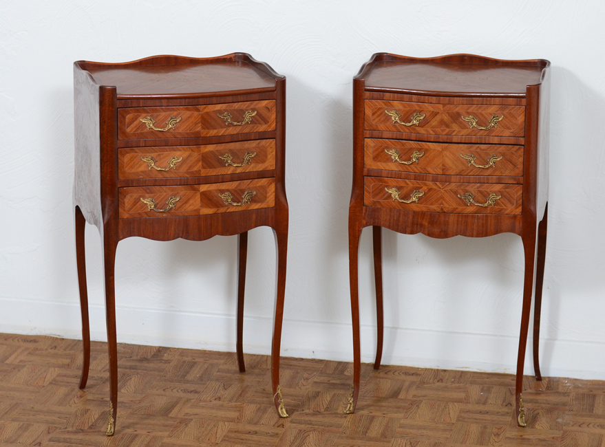 Appraisal: PAIR FRENCH MARQUETRY DRAWER STANDS Petite drawer stands featuring a