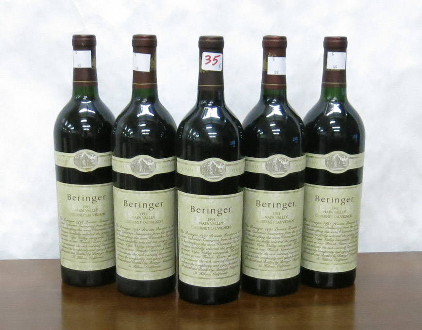 Appraisal: FIVE BOTTLES OF VINTAGE CALIFORNIA CABERNET SAUVIGNON Beringer Private Reserve