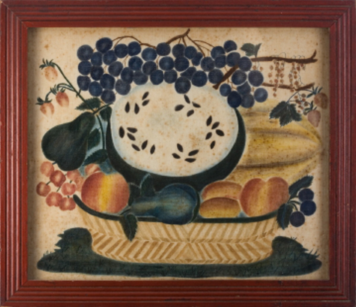 Appraisal: AMERICAN VELVET THEOREM WITH A BASKET OF FRUIT INCLUDING A