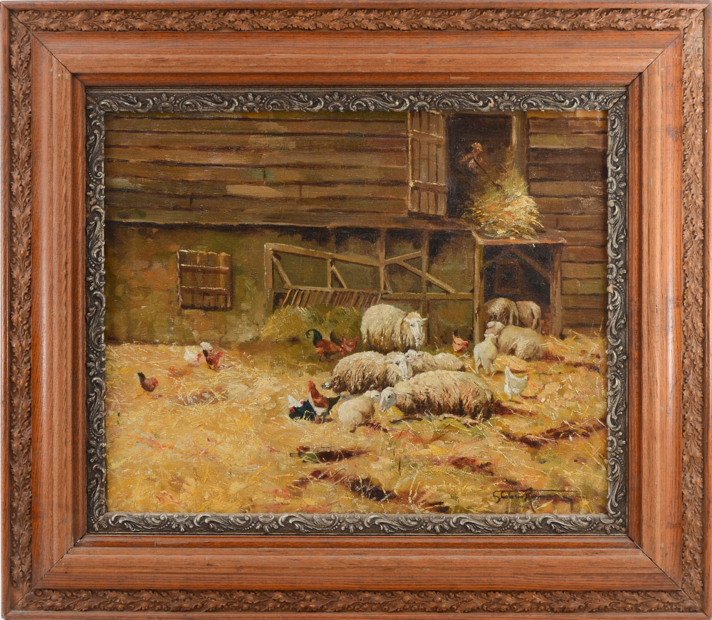 Appraisal: GOOD ILLEGIBLY SIGNED BARNYARD SCENE PAINTING Scene Depicts Sheep Goats