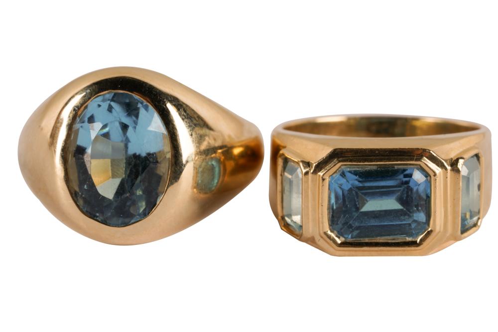 Appraisal: TWO KARAT YELLOW GOLD BLUE TOPAZ RINGSone ring centering one