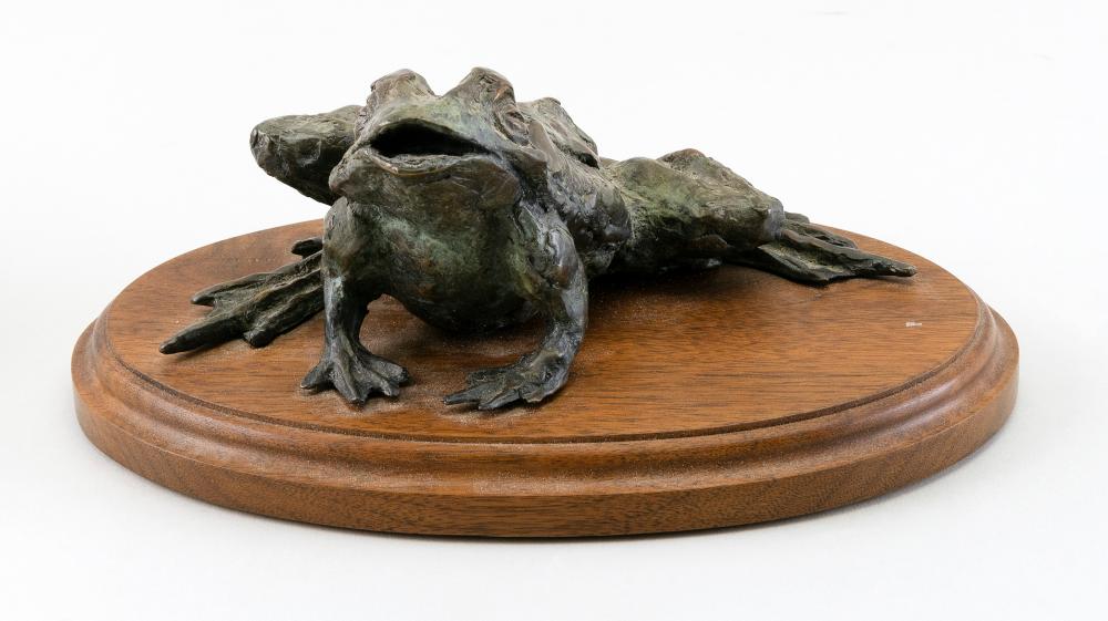 Appraisal: BRONZE SCULPTURE OF A FROG DATED HEIGHT WOOD STAND X