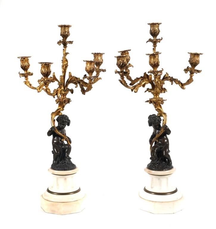 Appraisal: Pair of th century gilt bronze -light candelabra on marble