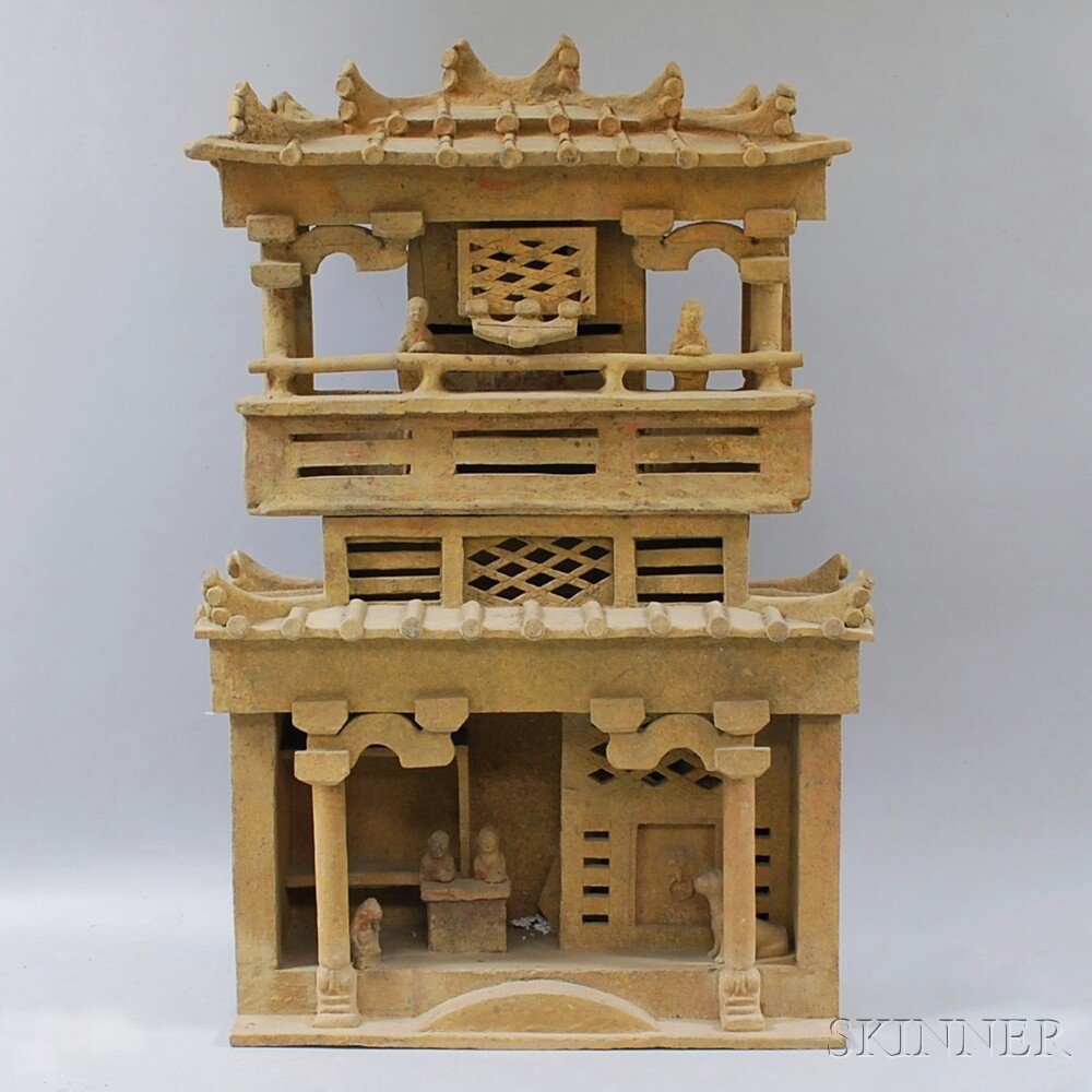 Appraisal: Clay Model of a Two-story Pavilion China with rooftop in