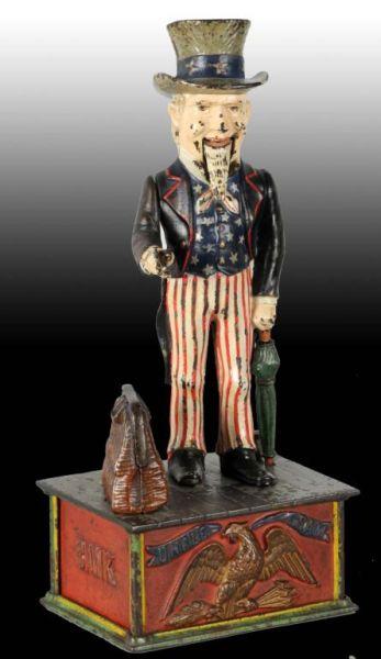 Appraisal: Cast Iron Uncle Sam Mechanical Bank Description Manufactured by Shepard