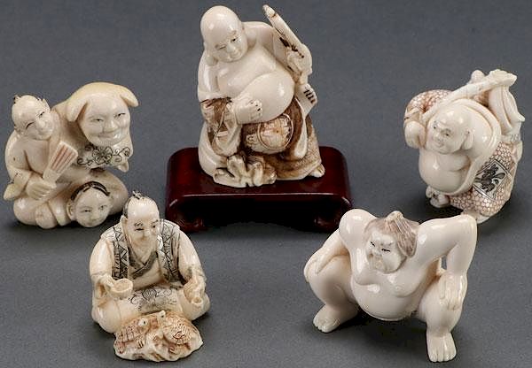 Appraisal: A COLLECTION OF FIVE JAPANESE CARVED IVORY NETSUK A COLLECTION