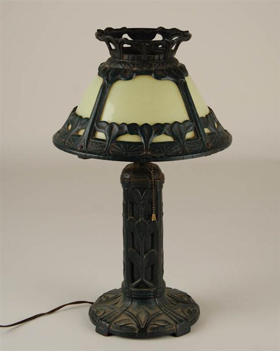 Appraisal: Arts Crafts Metal Table Lamp elaborate leaf design green glass